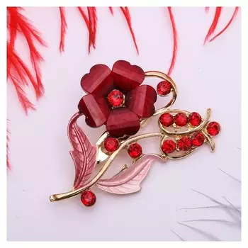 Брошь "Цветение", цвет красный в золоте