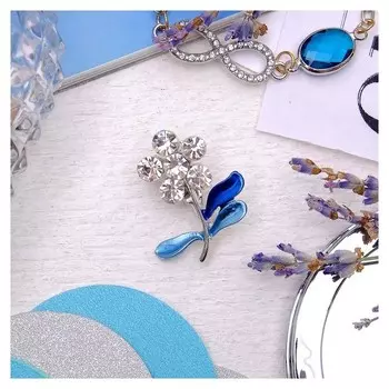 Брошь "Цветочек" малая, цвет голубой в серебре