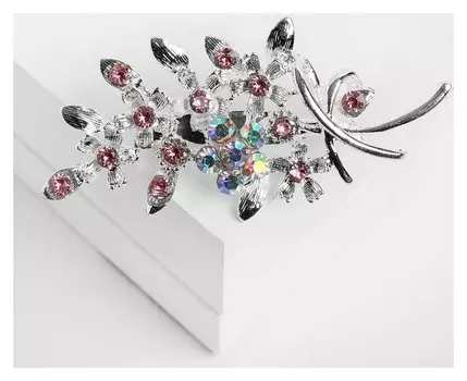 Брошь "Цветочная ветвь", цвет розовый в серебре