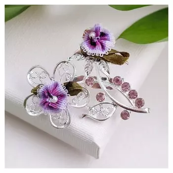 Брошь "Цветочная ветвь" дуэт, цвет фиолетовый в серебре