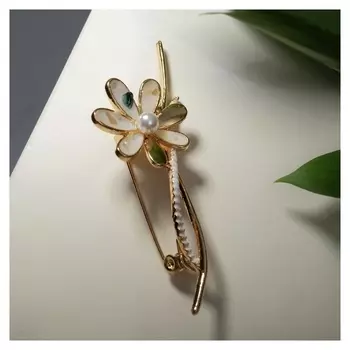 Брошь "Цветок" с веточкой, цвет белый в золоте