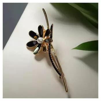 Брошь "Цветок" с веточкой, цвет чёрно-белый в золоте