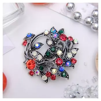 Брошь "Цветов букет" венок, цветная в чернёном серебре