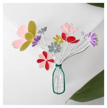 Брошь "Цветы" в вазе, цветная в серебре