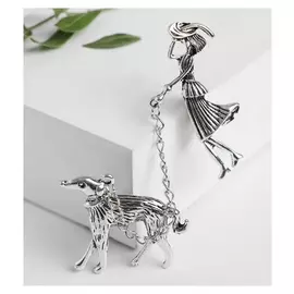 Брошь "Дама" с собачкой, цвет чернёное серебро