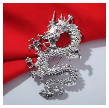 Брошь "Дракон", цвет матовое серебро