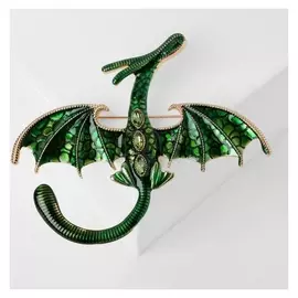 Брошь "Дракон" летящий, цвет зелёный в золоте