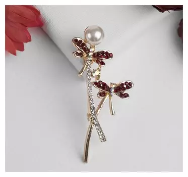 Брошь "Дуэт" стрекоз, цвет красно-белый в золоте