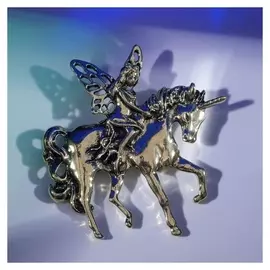 Брошь "Единорог" и фея, цвет чернёного кофейного золота