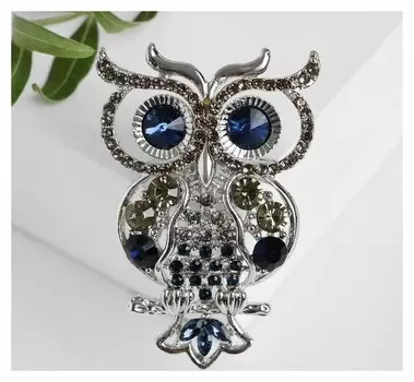 Брошь "Филин", цвет сине-золотой в серебре