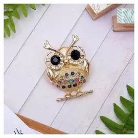 Брошь "Филин" круглый, цветная в золоте