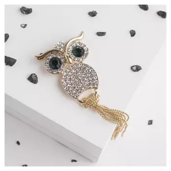 Брошь "Филин" с цепочками, цвет бело-зеленый в золоте