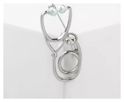 Брошь "Фонендоскоп" врача, цвет белый в серебре