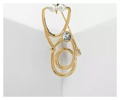 Брошь "Фонендоскоп" врача, цвет белый в золоте