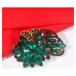 Брошь "Императрица" цветок с витками, цвет изумрудный в чернёном золоте