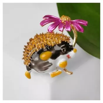 Брошь "Ёжик с цветком", цветной в золоте