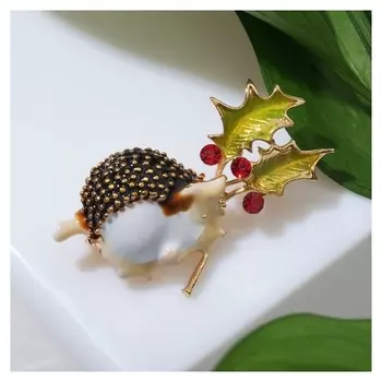 Брошь "Ёжик" с веточкой, цветная в золоте