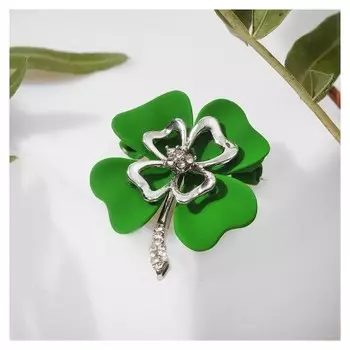 Брошь "Клевер" матовый, цвет зелёный в серебре
