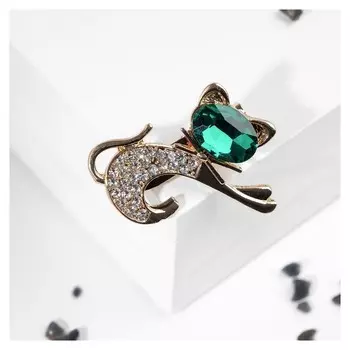 Брошь "Кошечка" с бантом, цвет изумрудно-белый в золоте