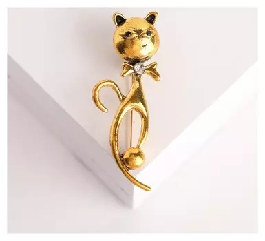 Брошь "Кошка", цвет чёрно-белый в чернёном золоте