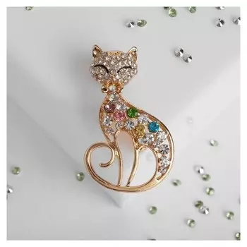 Брошь "Кошка" грациозная, разноцветная в золоте