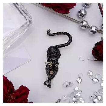 Брошь "Кошка" грация, цвет черный в золоте