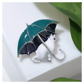 Брошь "Кошка" под зонтом, цветная в серебре