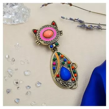 Брошь "Кошка радужная", разноцветная в черненом золоте
