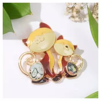 Брошь "Кошка" с котёнком, цветная в золоте