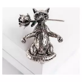 Брошь "Кот" с розой, цвет чернёное серебро