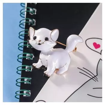 Брошь "Котеночек", цвет белый в золоте