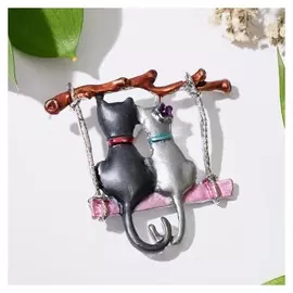 Брошь "Котики" на качели, цветная в серебре