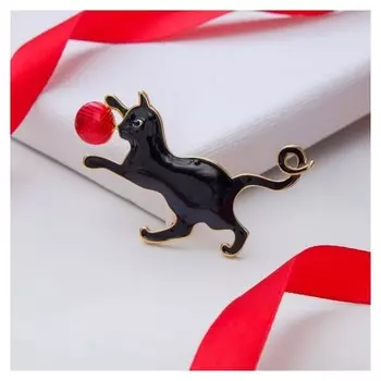 Брошь "Котёнок" игривый, цвет чёрно-красный в золоте