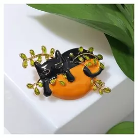 Брошь "Котёнок" в цветочном горшке, цвет чёрно-коричневый в золоте