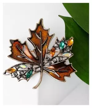 Брошь "Лист кленовый" стеклянный, цвет зелёный в кофейном золоте