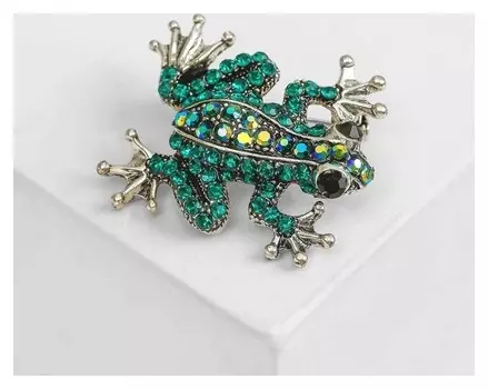 Брошь "Лягушка", цвет сине-зеленый в черненом серебре