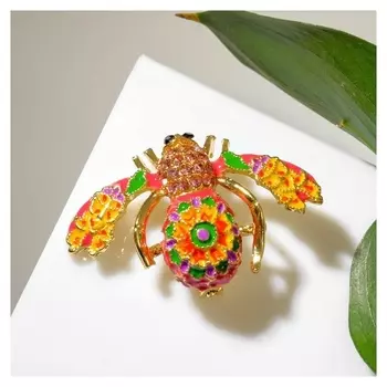 Брошь "Муха" в цветах, цветная в золоте