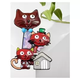 Брошь мультяшная "Кошачье семейство", цветная в чёрном металле