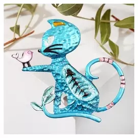 Брошь мультяшная "Кошка" с птичкой, цветная в чёрном металле