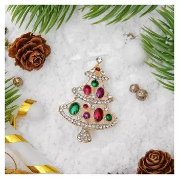 Брошь новогодняя "Ёлка нарядная", цветная в золоте