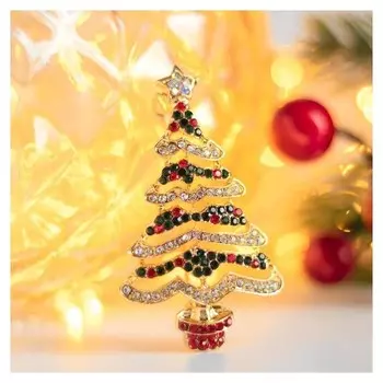 Брошь новогодняя "Ёлка" в кадушке, цветная в золоте