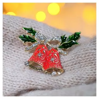 Брошь новогодняя "Колокольчики" пара, цветная в золоте