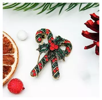 Брошь новогодняя "Рождественская сказка" праздничные леденцы, цвет красно-зелёный в золоте