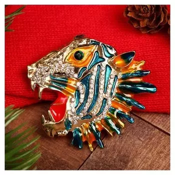 Брошь новогодняя "Тигр" охотник, цветная в золоте