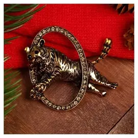 Брошь новогодняя "Тигр" прыжок в кольцо, цвет коричневый в чернёном золоте