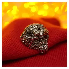 Брошь новогодняя "Тигр" рычащий, цвет чернёное серебро