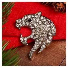 Брошь новогодняя "Тигр" рык, цвет белый в серебре