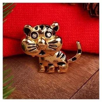 Брошь новогодняя "Тигр" с клыками, цвет чёрно-белый в золоте