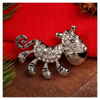 Брошь новогодняя "Тигр" шагающий, цвет чёрно-белый в серебре