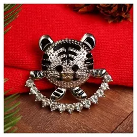 Брошь новогодняя "Тигр" шарик, цвет чёрно-белый в серебре